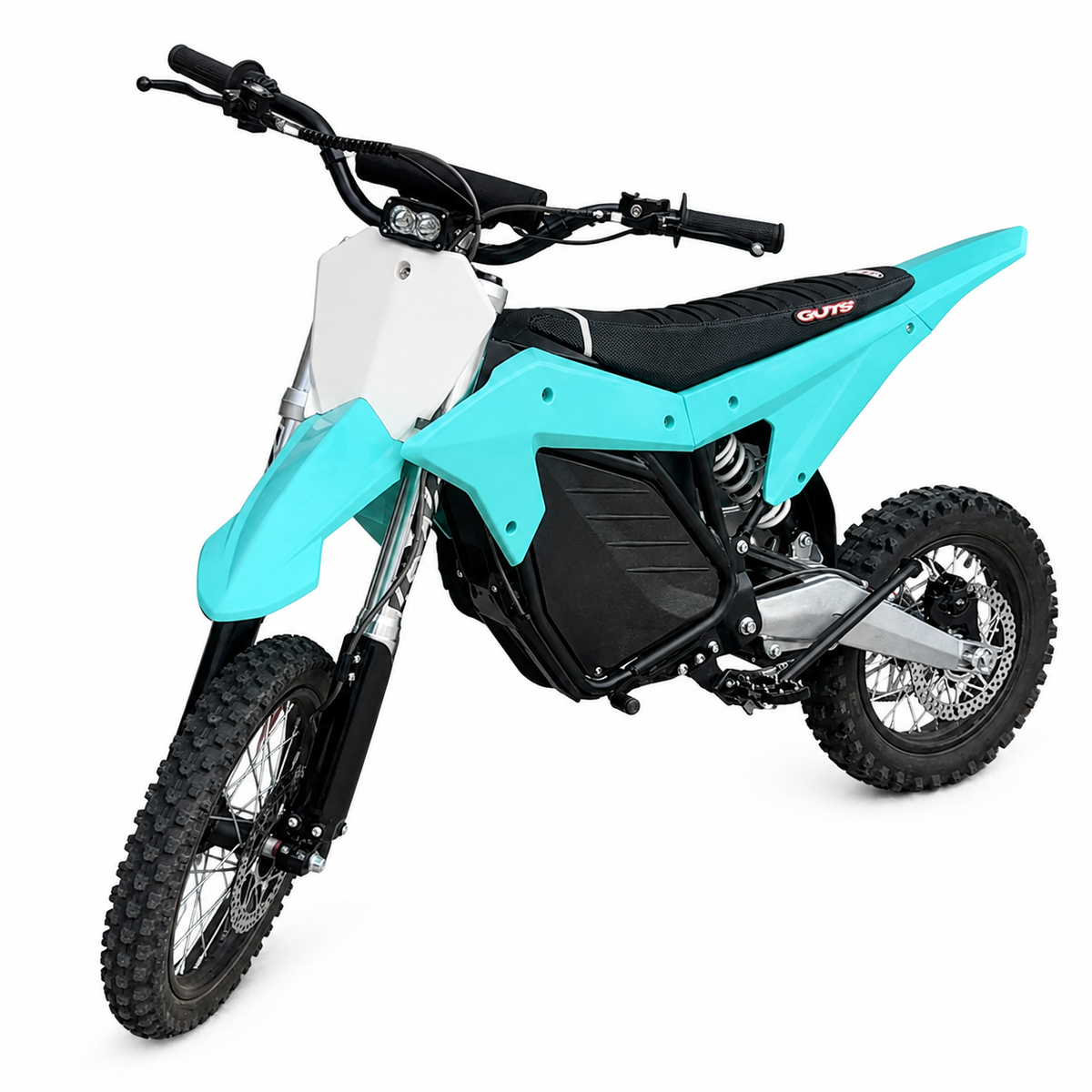 Modified ETM RTR mini e-moto build on white background